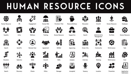 Human Resource Icons set vector illustration with collection of promotion, vacancy, choice, performance, skills, growth, task, agreement, portfolio, training, engagement, search, employee, manager.