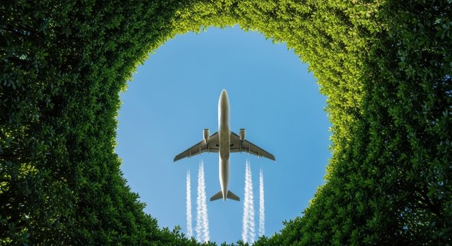 Fototapeta Passenger airplane flying through green leaf tunnel against blue sky for eco friendly travel