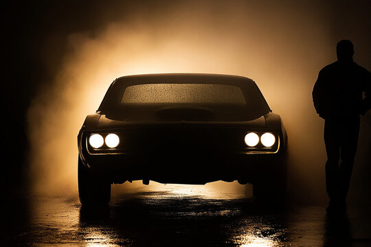 Fototapeta Stunt performer showcases high-speed action near vintage car at night