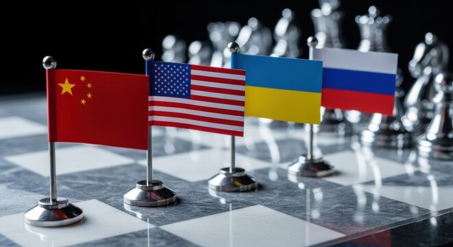 National flags of china, usa, ukraine, and russia on a chessboard representing global strategy