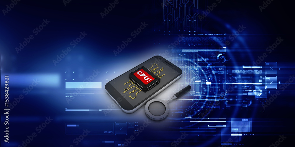 Poster 3d rendering microchips with mobile phone