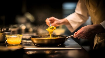 Chef skillfully plating a vibrant dish in a bustling kitchen, with steam rising and utensils in action