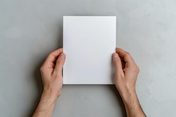 A person is holding a white piece of paper. The paper is blank and has no writing on it. The person is holding the paper in their hands, and it is a simple, everyday object