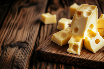 Swiss cheese with characteristic holes displayed on wooden board