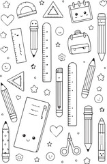 Black and white doodle school supplies with happy faces and decorative elements illustration
