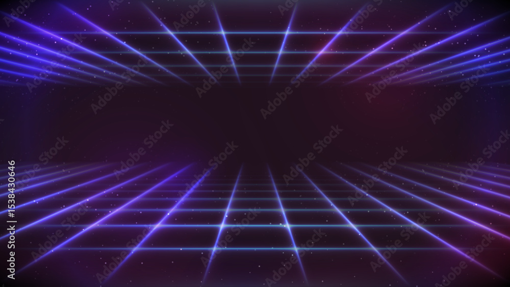 Poster synthwave background. dark retro futuristic backdrop with double horizontal neon perspective grid an