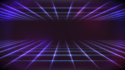 Synthwave background. Dark Retro Futuristic backdrop with double horizontal neon perspective grid and starry sky. Abstract Retrowave template. 80s Vaporwave style. Stock vector illustration