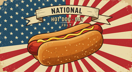 A delicious hot dog topped with ketchup and mustard sits on a rustic wooden table, with a blurred American flag in the background.
