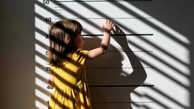 Young girl in a yellow dress excitedly measures her height on a wall growth chart, with sunlight casting shadows, symbolizing childhood development, growing up and family milestones
