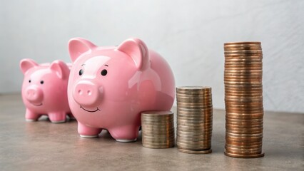 Oil price impact concept. Two pink piggy banks with stacks of coins symbolize savings and financial planning.