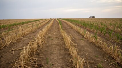 Obraz premium Oil price impact concept. A vast, empty field with furrows and sparse vegetation under a cloudy sky.