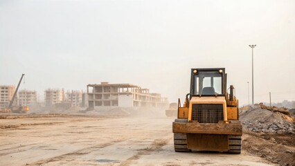 Obraz premium Oil price impact concept. Construction site featuring heavy machinery and a partially built structure in a dusty environment.