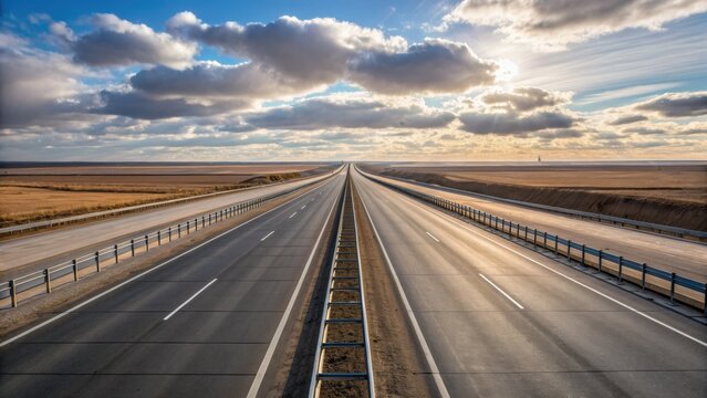Oil price impact concept. A vast, open highway stretches towards a dramatic sky, framed by expansive fields and clouds.