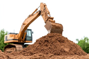 A super realistic photo of a large excavator digging earth at a busy new construction site with piles of dirt and construction materials around