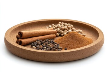 A realistic macro shot of rustic cork plate featuring an array of spices such as cinnamon sticks, dried chili, coriander seeds