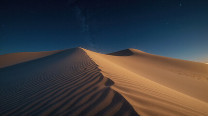 Serene desert landscape at night, showcasing soft sand dunes illuminated by moonlight, with clear starry sky above