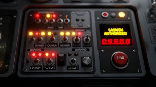 Control panel with flashing warning lights and a prominent red fire button displays launch authorized and a countdown, depicting a critical moment of decision for military or technological operations