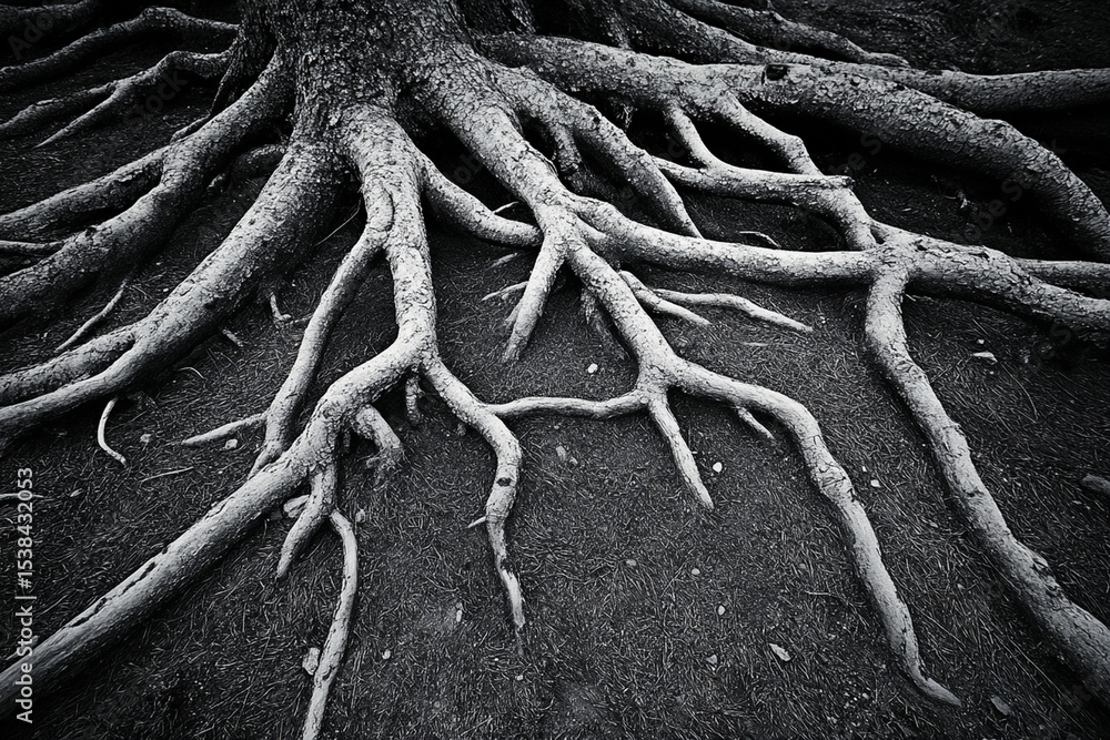 Poster intricate roots of a large tree extending across the ground