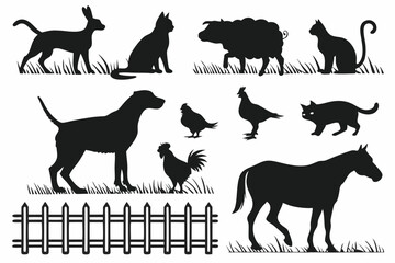 Various farm animals including dog, cat, sheep, chicken, rooster, and horse silhouetted near a fence