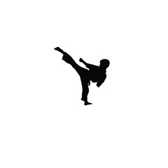 boy doing karate kick silhouette on white background