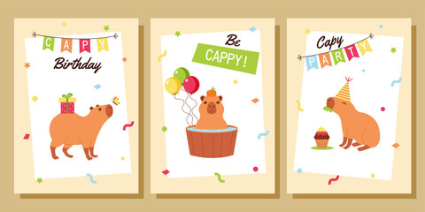 Cute capybaras posters set. Happy Birthday greeting cards, invitations, posters with cute capybara, balloon, cake, gift.