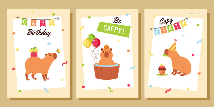 Cute capybaras posters set. Happy Birthday greeting cards, invitations, posters with cute capybara, balloon, cake, gift. - Powered by Adobe