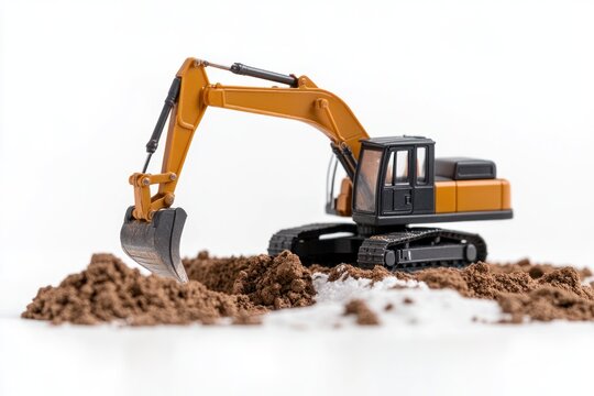 Detailed view of a powerful excavator with a hydraulic arm extended, working on a freshly cleared construction area