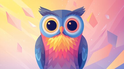 Obraz premium Cute cartoon owl, abstract colorful background, digital art, children's book illustration