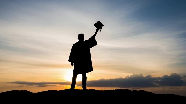 Silhouette of a graduate in gown holding a cap high against a vibrant sunset sky, symbolizing academic achievement, future aspirations, and the culmination of educational success