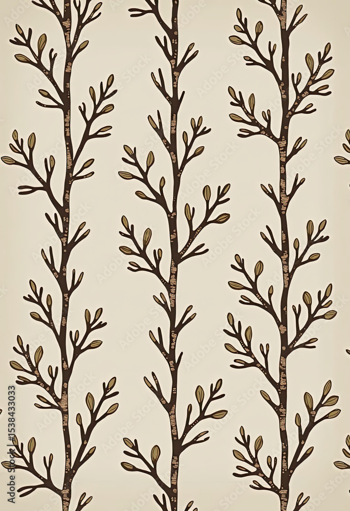 Aufkleber a rustic, hand-drawn seamless pattern of vertical tree branches with small buds, creating a simple, 