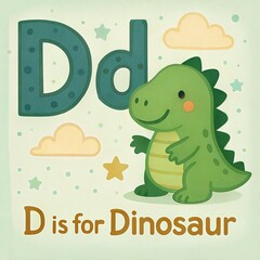 Educational printable card letter D - Little Dino with cute smiling face