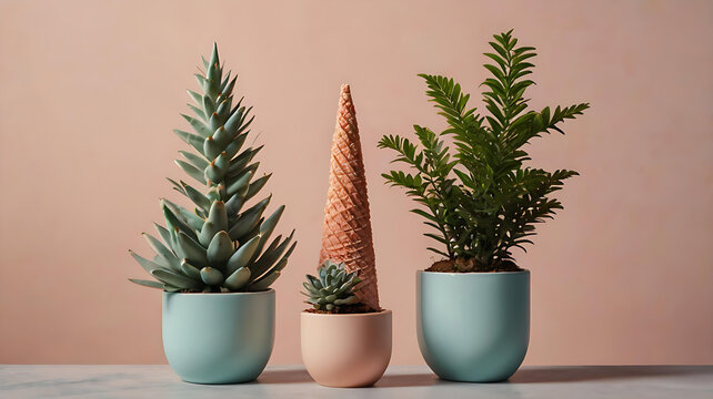 Succulent indoor plants in pink and blue pots against soft peach wall