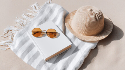 Flatlay of summer vacation essentials on sand: straw hat, book, sunglasses, and striped towel. Minimalist beach setup, sunny mood, perfect for travel, holiday, and relaxation concepts.