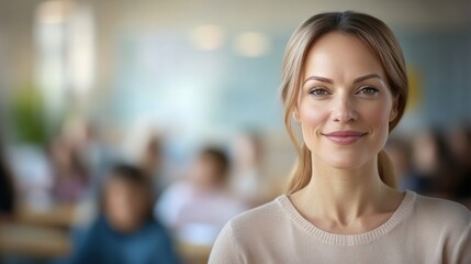Smiling Woman Teacher in Classroom With Students, Promoting Education and Mentorship in a Positive Learning Environment : Generative AI