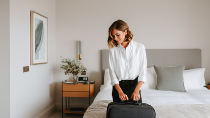 Stylish woman in elegant outfit packing suitcase in hotel room. Solo traveler preparing for summer trip. Cozy modern interior, business or vacation mood.