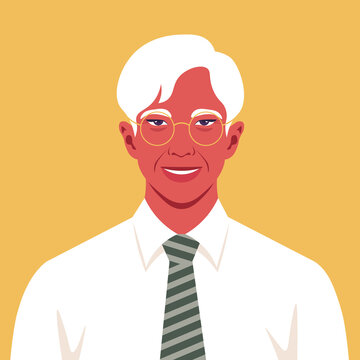 Portrait of a elderly Asian man with a white hairstyle. The head of a grandfather. Portrait of a businessman. Vector flat illustration