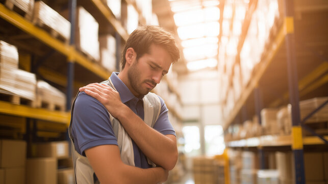 Warehouse worker experiencing shoulder pain due to physical strain. Concept of workplace injury, manual labor stress, unsafe working conditions, fatigue, and occupational health risk.