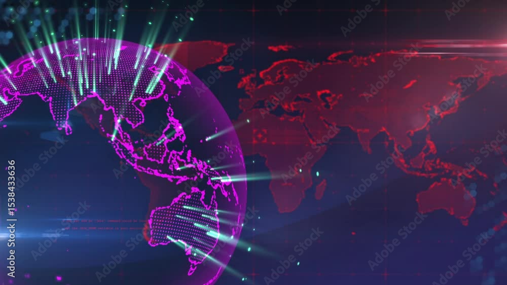 Aufkleber appearing magenta globe rotating on digital grid backdrop, green beams pulsing over red map grid