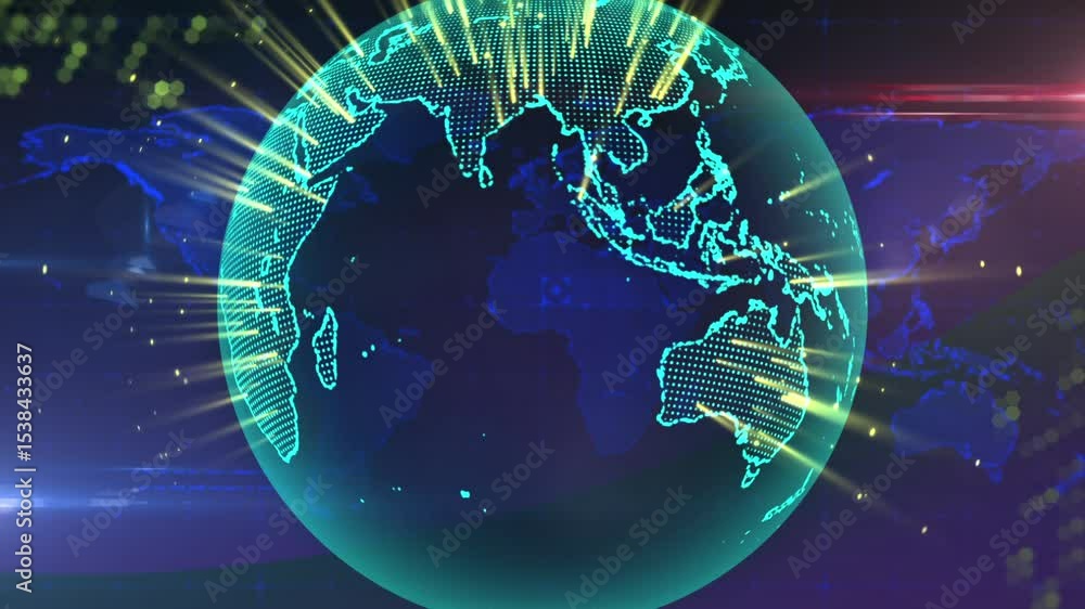 Poster digital globe rotating in studio after intro animation, revealing dotted continents and golden rays