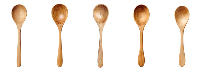 Wooden Spoon PNG set with transparent background for kitchen design and food presentation, featuring natural wood grain texture and rustic handmade style