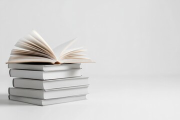 Realistic stack of books with some open at various angles, pages curling naturally and subtle shadows cast around