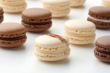 Fototapeta premium Selection of fresh macarons with subtle color gradients and crisp edges isolated on white background