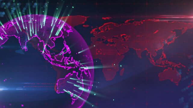 Appearing magenta globe rotating on digital grid backdrop, green beams pulsing over red map grid