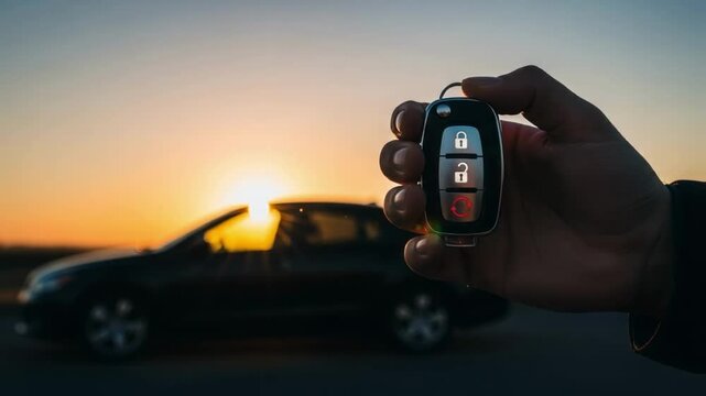 Hand holding a modern car key fob with a blurred car and sunset in the background, symbolizing new car ownership, driving freedom, and the automotive lifestyle or rental services