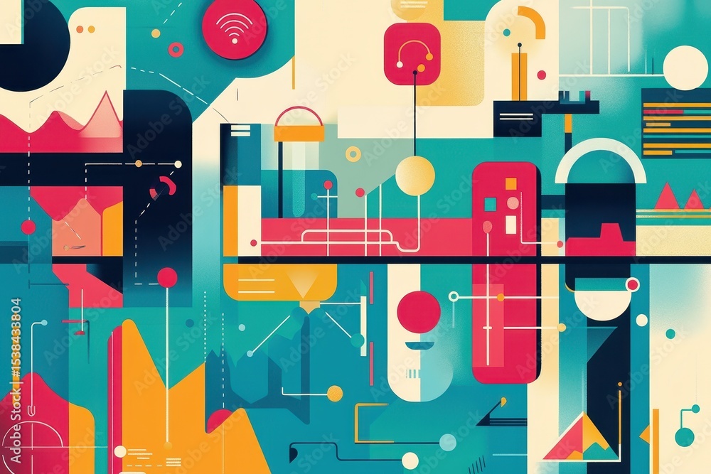 Poster marketing and business materials featuring colorful geometric shapes and patterns designed for moder