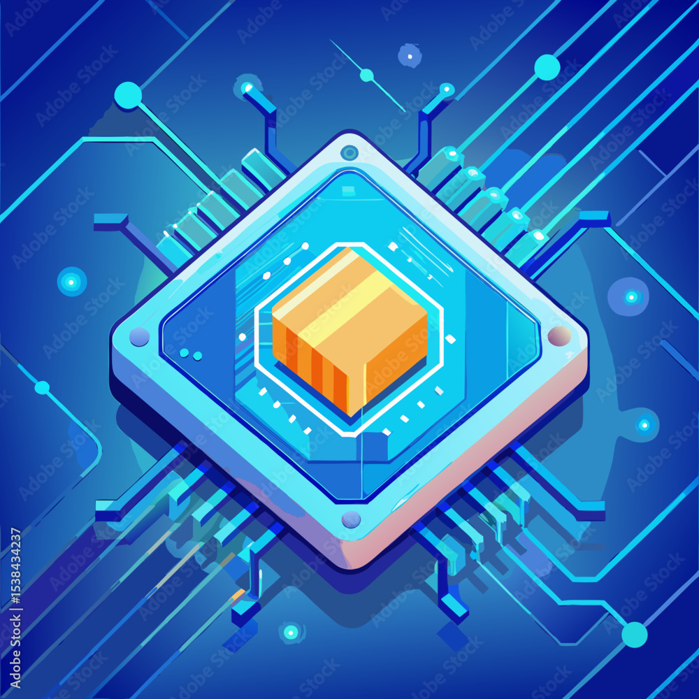 Poster isometric central processing unit cpu with circuit board on blue background