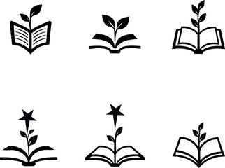 Six book and plant icons isolated on white background