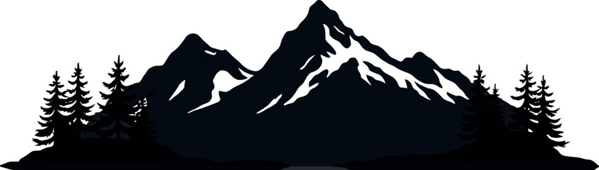 Mountain range silhouette with trees isolated on white background