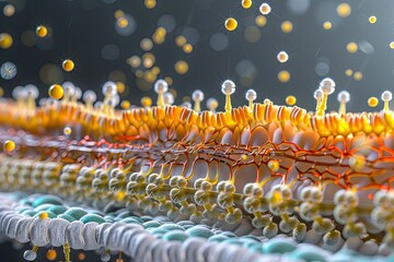 3D lipid bilayer with ion channels and membrane proteins, microscopic view