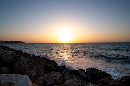 Tel Aviv sea sunset in the evening on the edge of Old Jaffa city